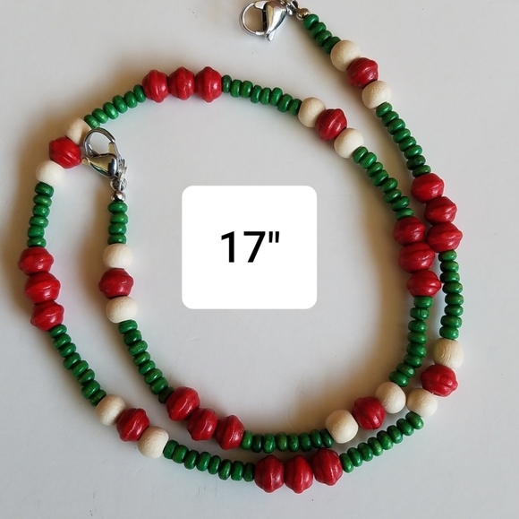 Hand Crafted Beaded Face Mask Chain Holder/Lanyard Red, White Green Wood Beads - Picture 2 of 5